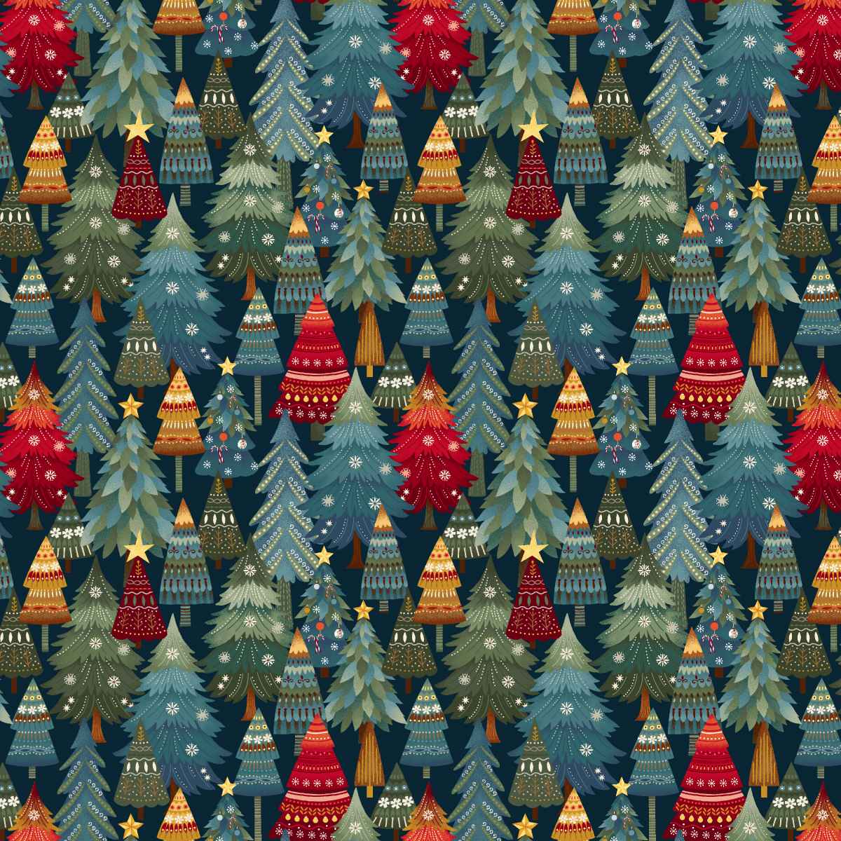 Pattern of Christmas trees with colorful decorations on a blue background