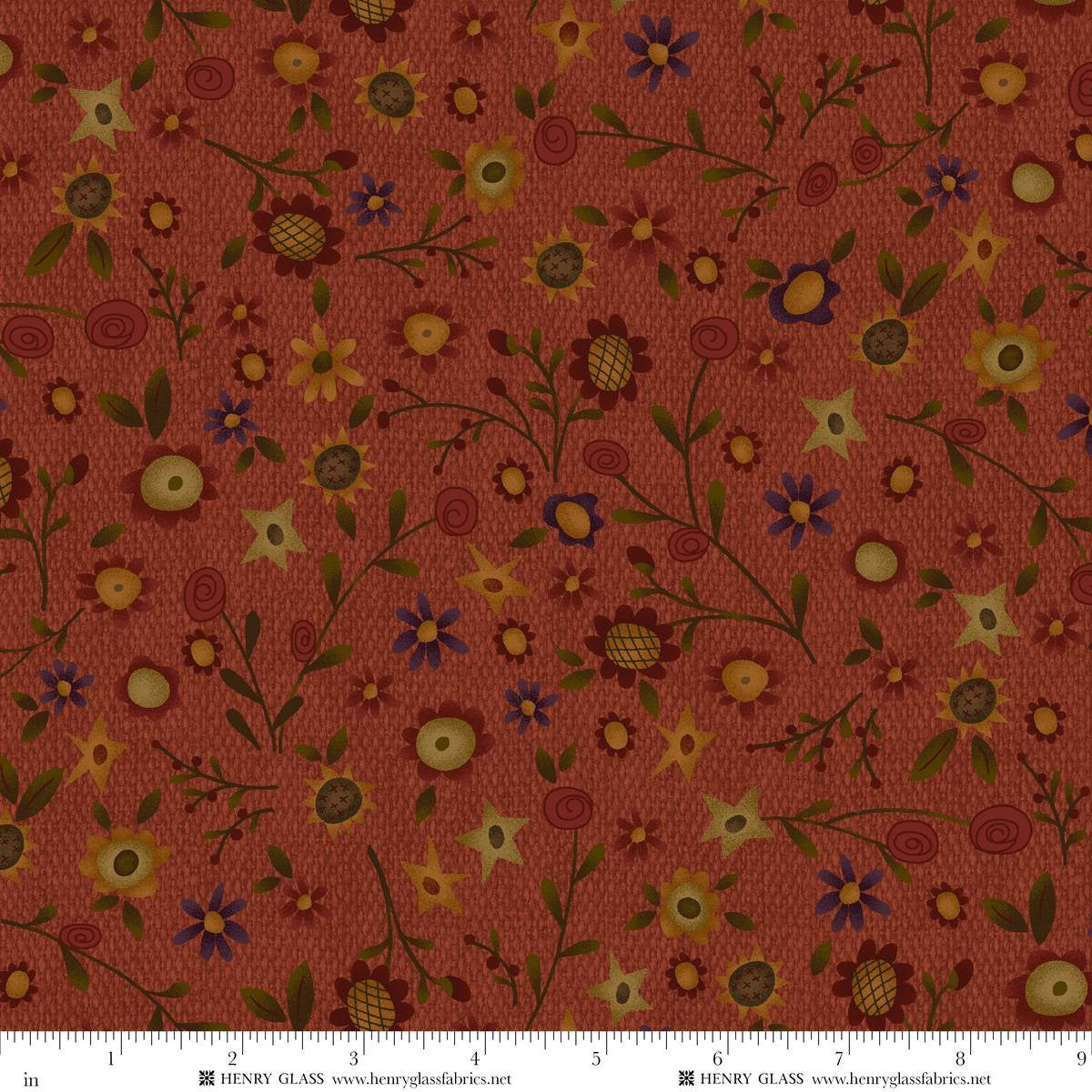 Fabric Henry Glass Dark Red Autumn Flower Toss Bountiful Blessings by the Quarter Yard 3634-89