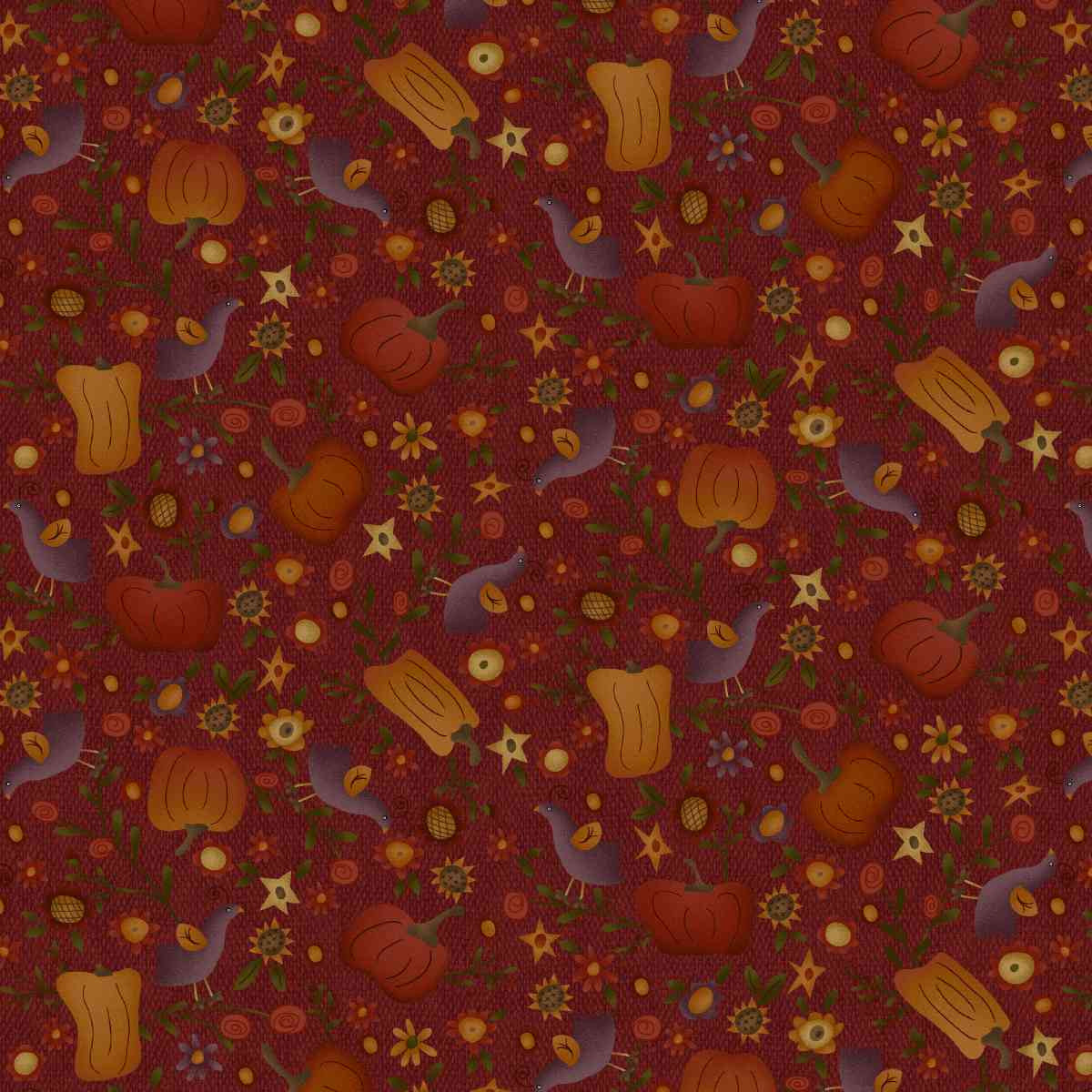 Fabric Henry Glass Dark Red Pumpkins and Flowers Bountiful Blessings by the Quarter Yard 3632-89