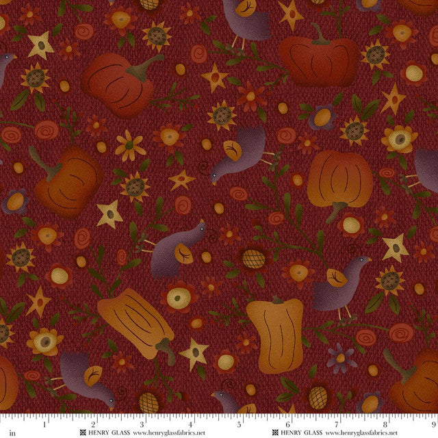 Fabric Henry Glass Dark Red Pumpkins and Flowers Bountiful Blessings by the Quarter Yard 3632-89