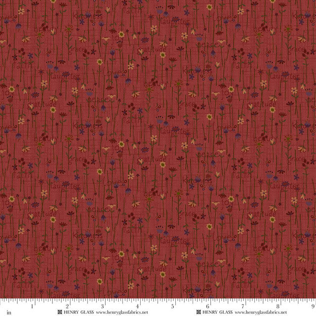 Fabric Henry Glass Dark Red Stick Flowers Bountiful Blessings by the Quarter Yard 3635-89