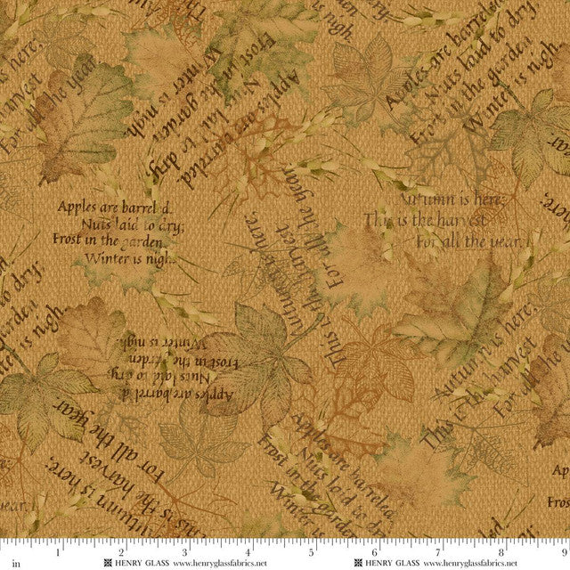 Fabric Henry Glass Gold Mixed Media Leaves Bountiful Blessings by the Quarter Yard 3633-33