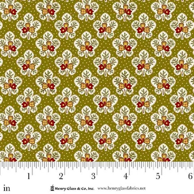 Fabric Henry Glass Green Leafy Blossoms Love Struck by the Quarter Yard 2284-66