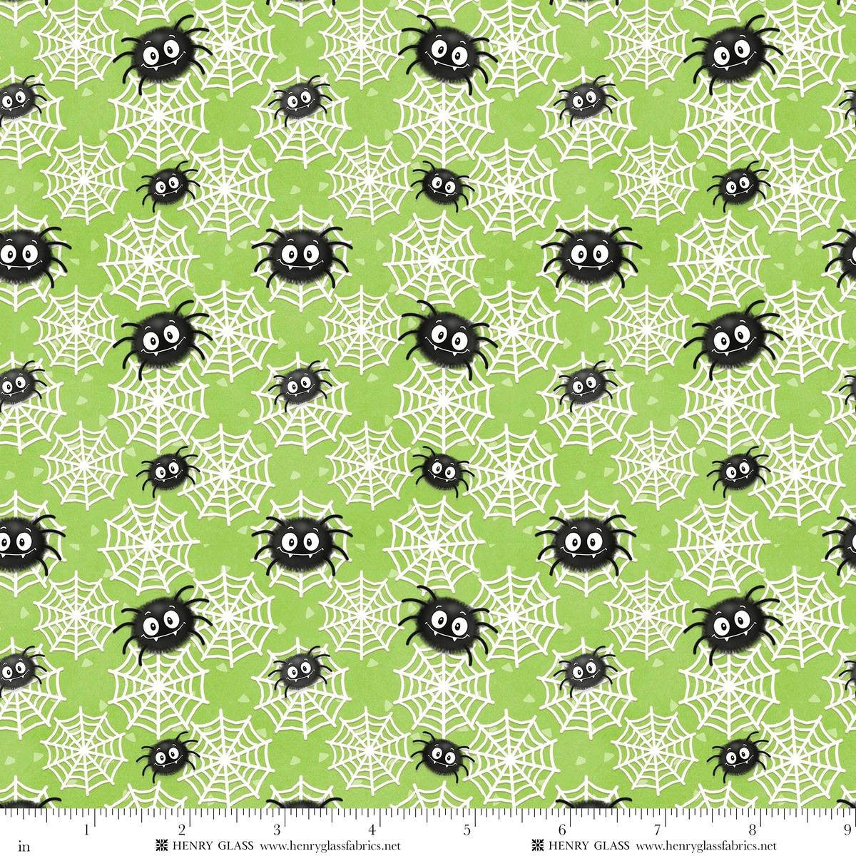 Fabric Henry Glass Green Spider and Web Glow in the Dark Moonlight Mischief by the Quarter Yard 2557G-66