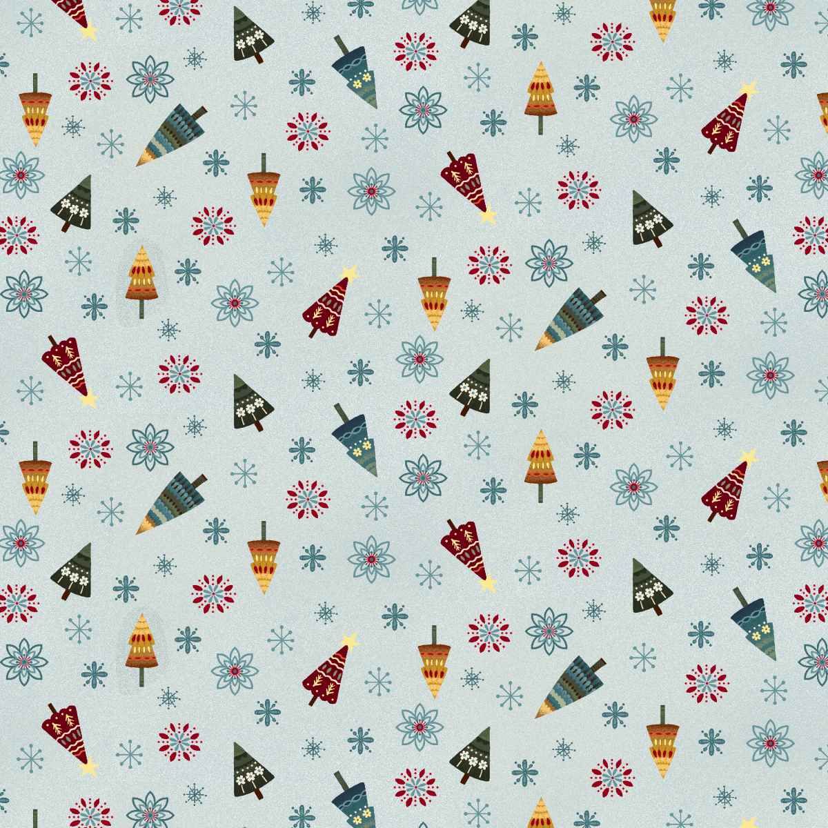 Patterned fabric with colorful Christmas trees and snowflakes on a light blue background