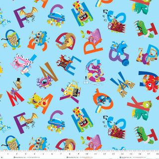 Fabric Henry Glass Light Blue Monsters Allover My Very Silly Monster's ABC's by the Quarter Yard 3537-17