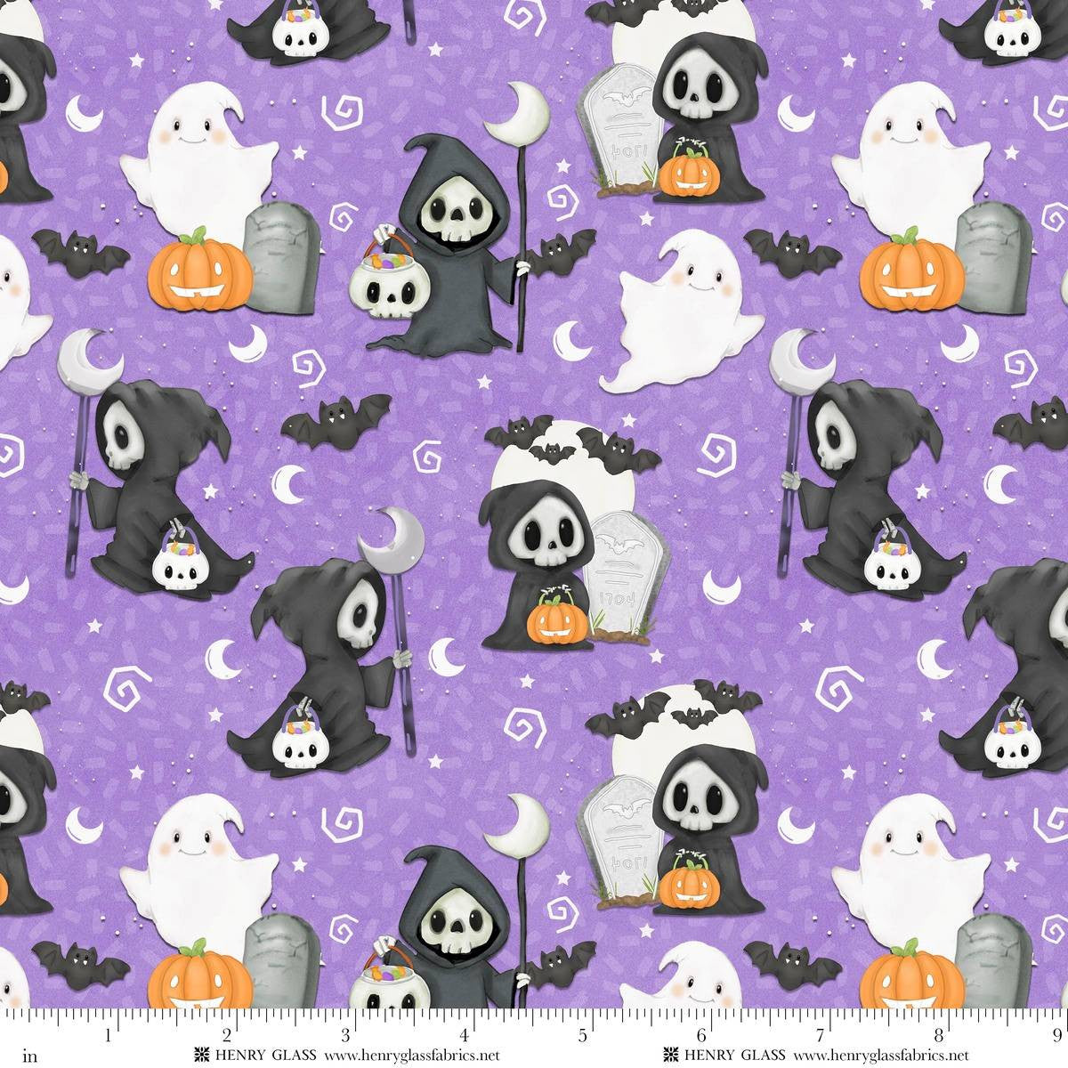 Fabric Henry Glass Light Purple Grimm Reaper Glow in the Dark Moonlight Mischief by the Quarter Yard 2561G-55