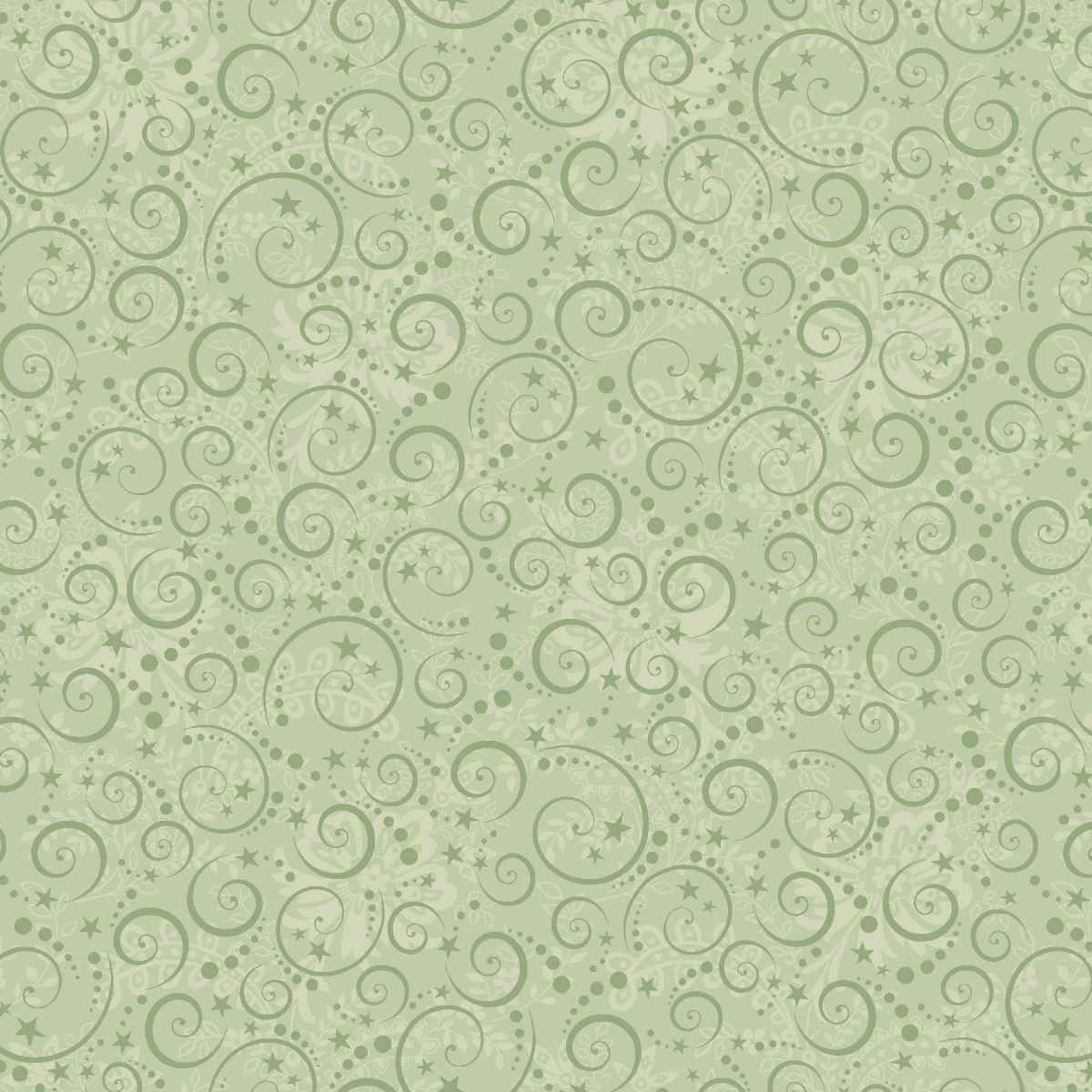Green patterned fabric with swirls and stars on a light green background