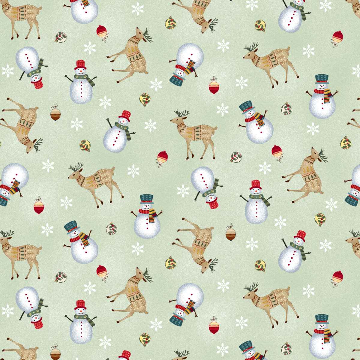 Pattern of reindeer, snowmen, and snowflakes on a light green background