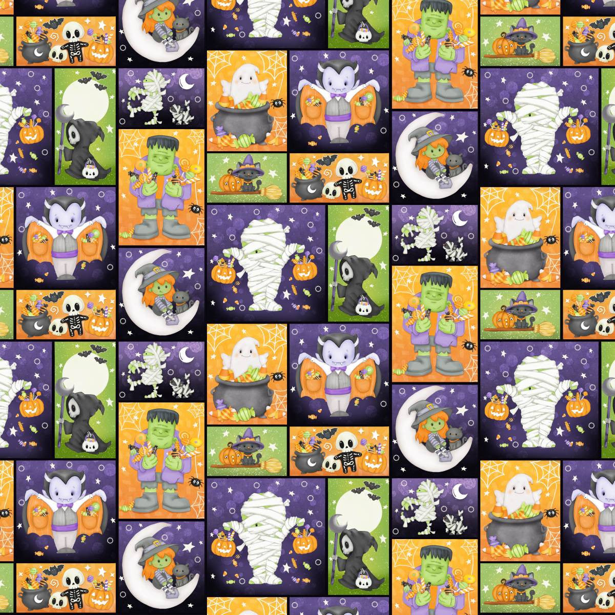 Fabric Henry Glass Multi Monster Patch Glow in the Dark Moonlight Mischief by the Quarter Yard 2562G-53