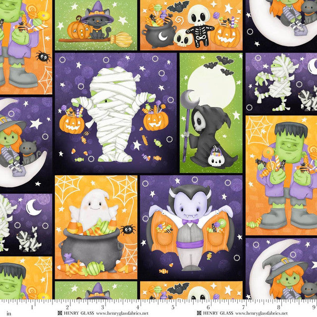 Fabric Henry Glass Multi Monster Patch Glow in the Dark Moonlight Mischief by the Quarter Yard 2562G-53