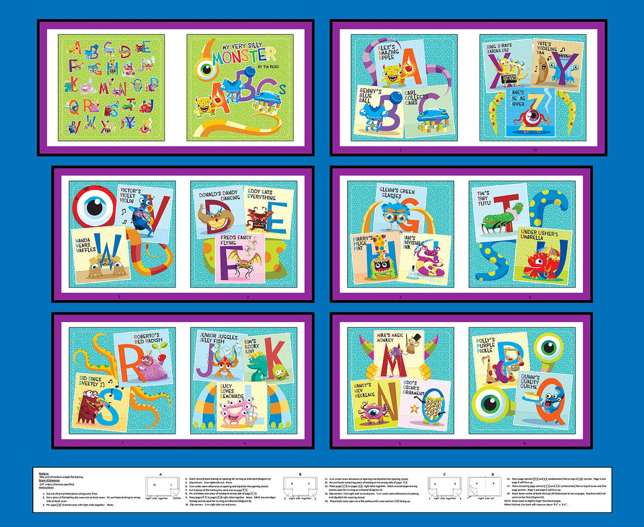 Fabric Henry Glass My Very Silly Monster's ABC's 36" Book Panel 3542BP-77