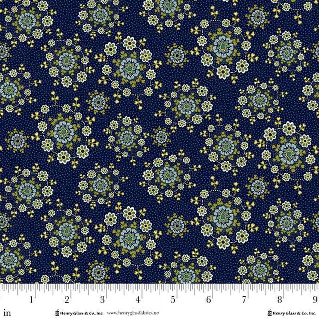 Fabric Henry Glass Navy Daisy Wreaths Love Struck by the Quarter Yard 2289-77