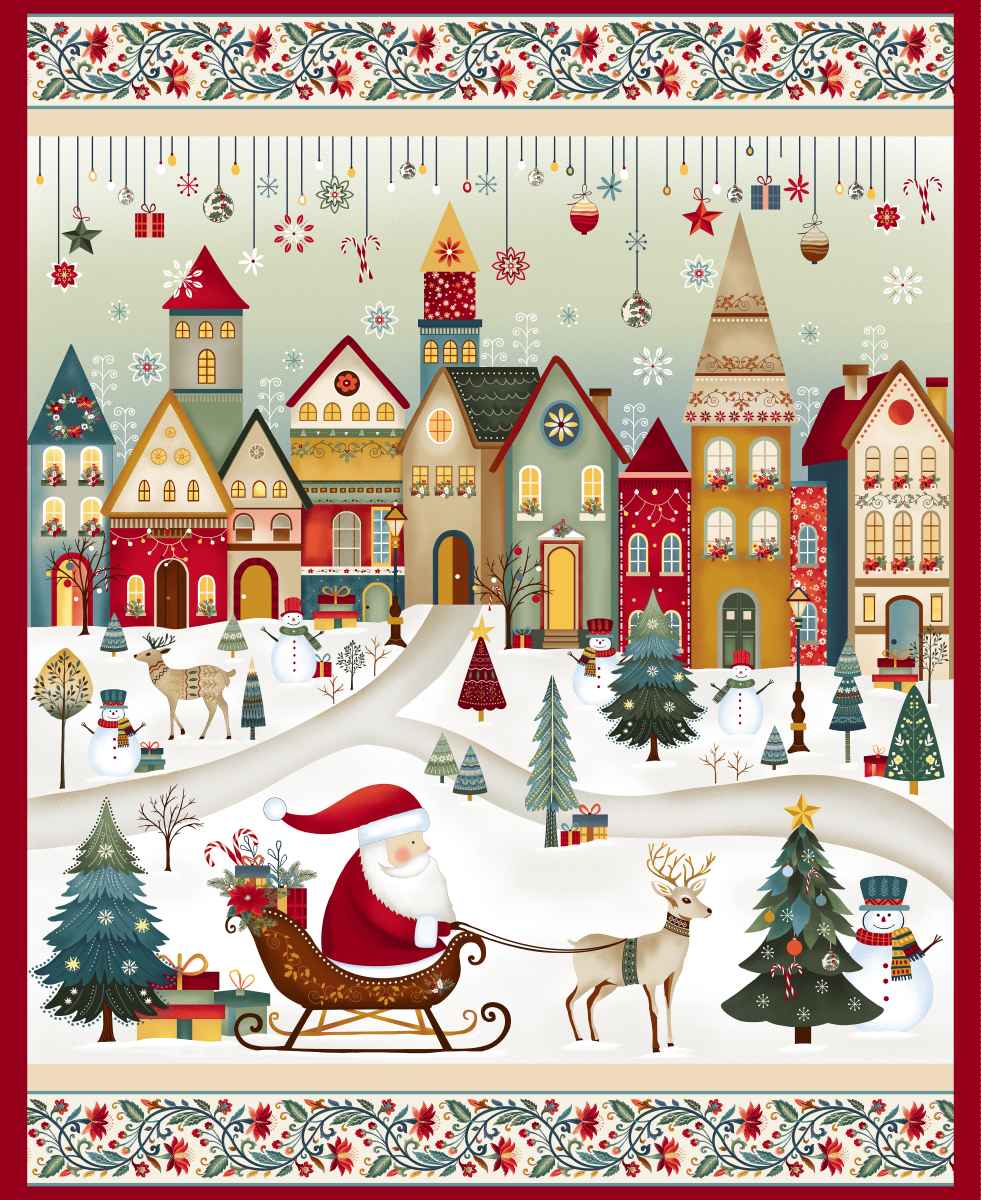 Christmas-themed fabric panel with Santa Claus, reindeer, and a snowy village.