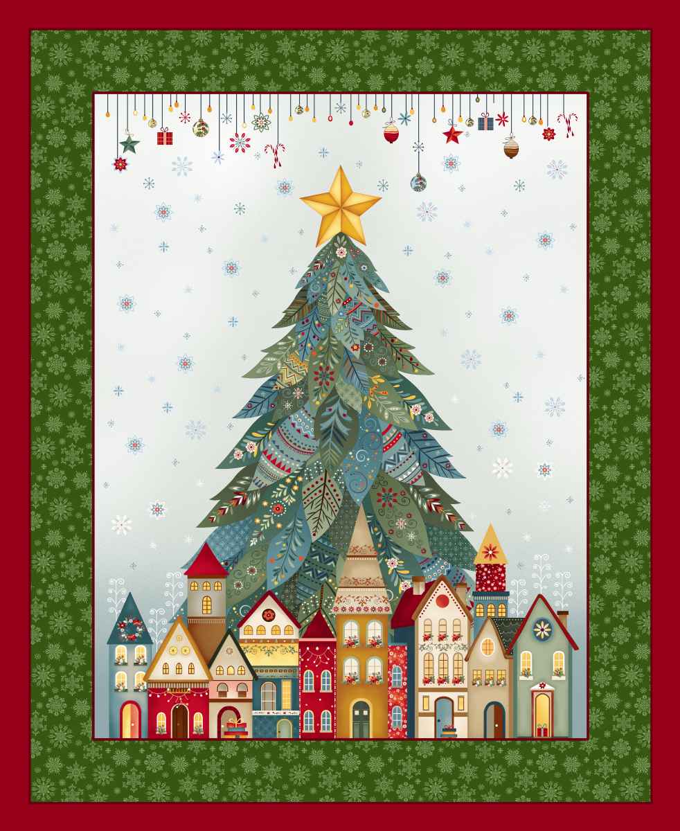 Decorative Christmas quilt panel with a tree and village design on a green border.