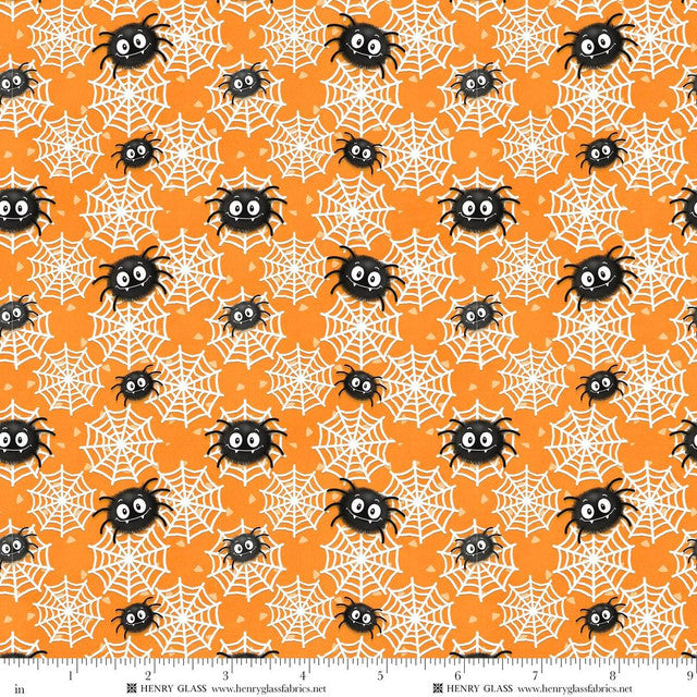 Fabric Henry Glass Orange Spider and Web Glow in the Dark Moonlight Mischief by the Quarter Yard 2557G-33