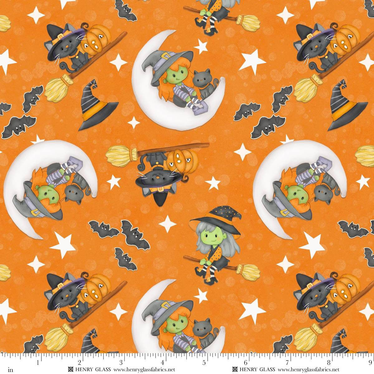 Fabric Henry Glass Orange Witch & Cat on Moon Glow in the Dark Moonlight Mischief by the Quarter Yard 2560G-33