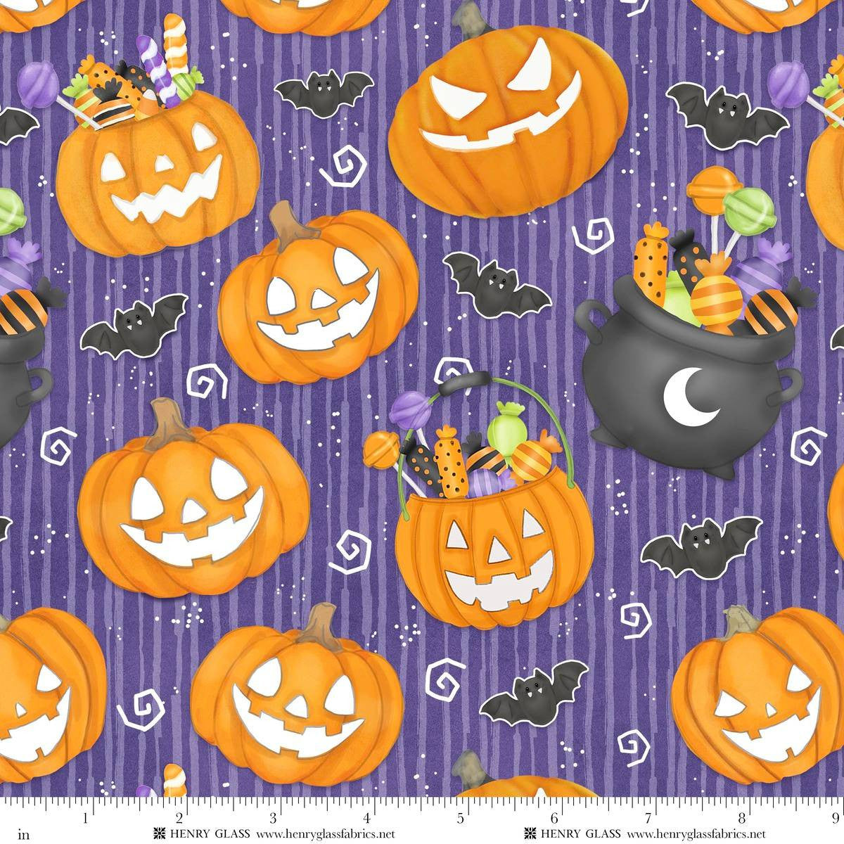 Fabric Henry Glass Purple Large Pumpkin Glow in the Dark Moonlight Mischief by the Quarter Yard 2554G-55