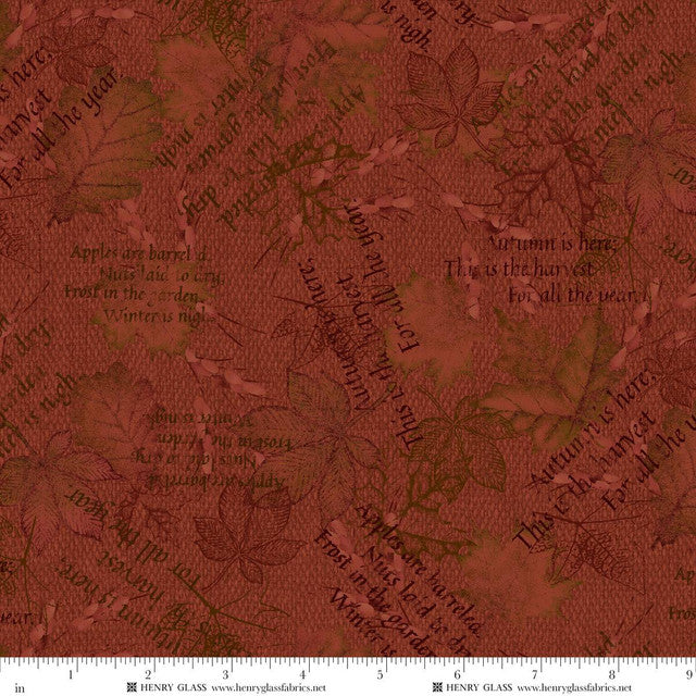 Fabric Henry Glass Red Mixed Media Leaves Bountiful Blessings by the Quarter Yard 3633-88