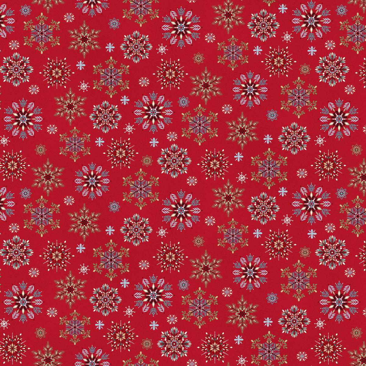 Pattern of decorative snowflakes on a red background