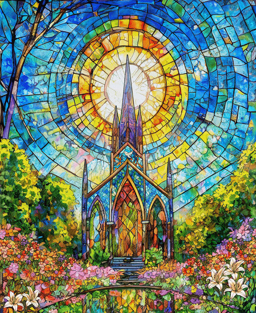 Fabric Henry Glass Stained Glass Church Faith in Full Color 36" Quilting Panel 2188P-74