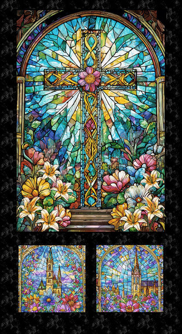 Fabric Henry Glass Turquoise/Black Faith in Full Color 24" Window Panel 2186P-79