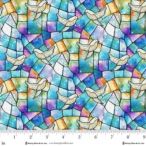 Fabric Henry Glass Turquoise/Multi Doves on Stained Glass Faith in Full Color by the Quarter Yard 2179-73