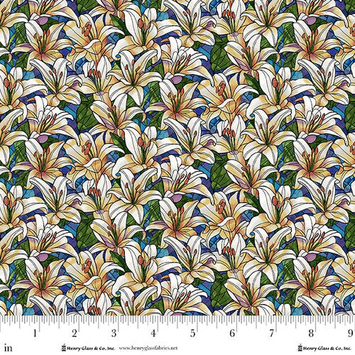 Fabric Henry Glass Turquoise/Multi Packed Lillies Faith in Full Color by the Quarter Yard 2184-70