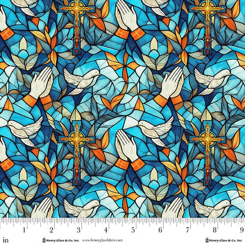 Fabric Henry Glass Turquoise/Multi Praying Hands Faith in Full Color by the Quarter Yard 2181-73