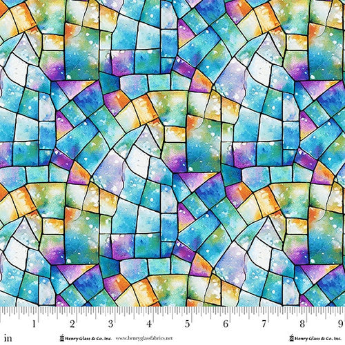 Fabric Henry Glass Turquoise/Multi Stained Glass Faith in Full Color by the Quarter Yard 2185-75