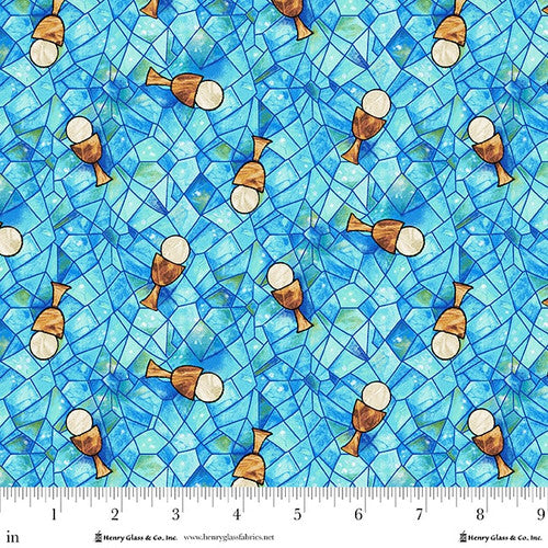 Fabric Henry Glass Turquoise/Multi Tossed Chalice Faith in Full Color by the Quarter Yard 2182-73