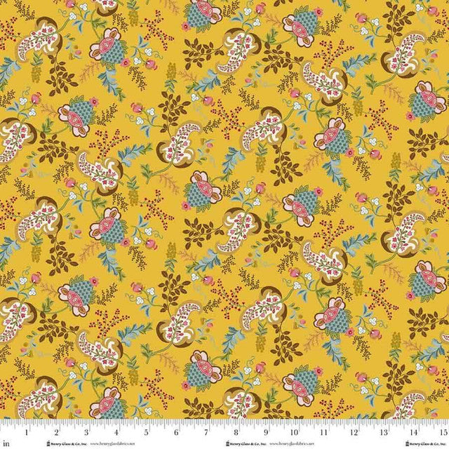 Fabric Henry Glass Yellow Fancy Floral Love Struck by the Quarter Yard 2283-44