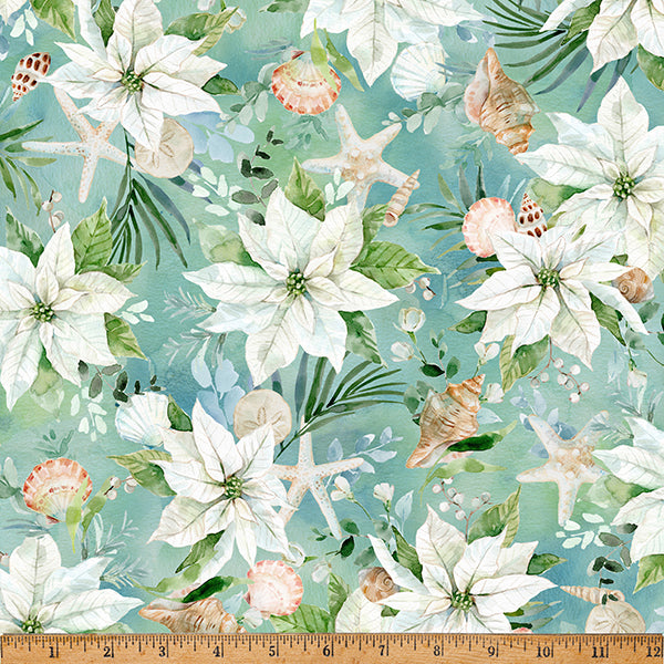Pattern of white flowers, seashells, and starfish on a teal background