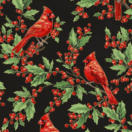 Fabric Hoffman Black/Gold Cardinals Christmas Wish Metallic by the Quarter Yard Y7819-4G