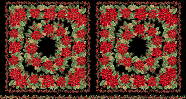Fabric Hoffman Black/Gold Christmas Wish Double Poinsettia Metallic Panel Y7825-4G