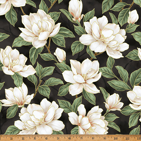 Fabric Hoffman Black/Gold Floral Blooms Ornament Grove Metallic by the Quarter Yard Y7802-4G