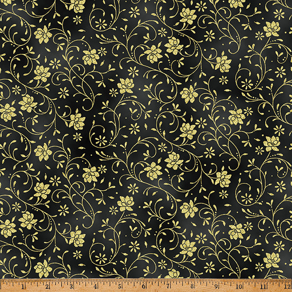 Fabric Hoffman Black/Gold Floral Vine Ornament Grove Metallic by the Quarter Yard Y7807-4G