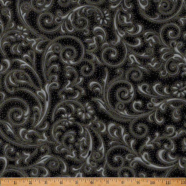 Fabric Hoffman Black/Gold Flowing Swirl Ornament Grove Metallic by the Quarter Yard Y7806-4G