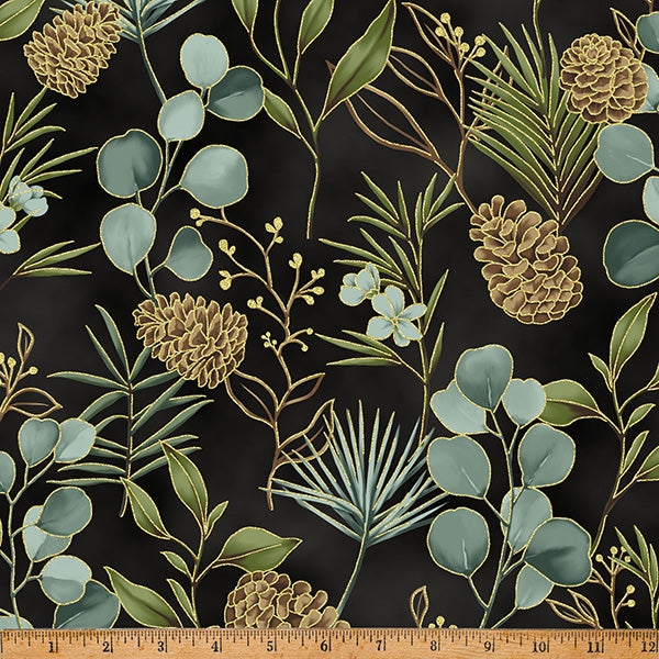 Fabric Hoffman Black/Gold Foliage Ornament Grove Metallic by the Quarter Yard Y7805-4G
