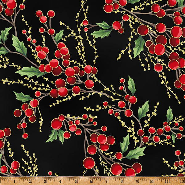 Fabric Hoffman Black/Gold Holly Berry Sprigs Christmas Wish Metallic by the Quarter Yard Y7821-4G
