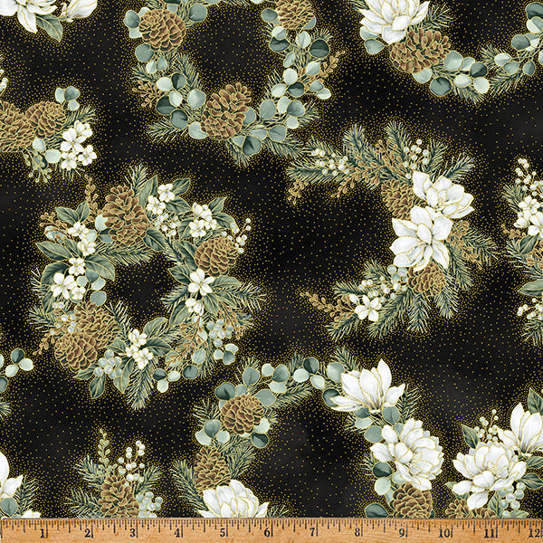 Fabric Hoffman Black/Gold Magnolia Wreaths Ornament Grove Metallic by the Quarter Yard Y7803-4G