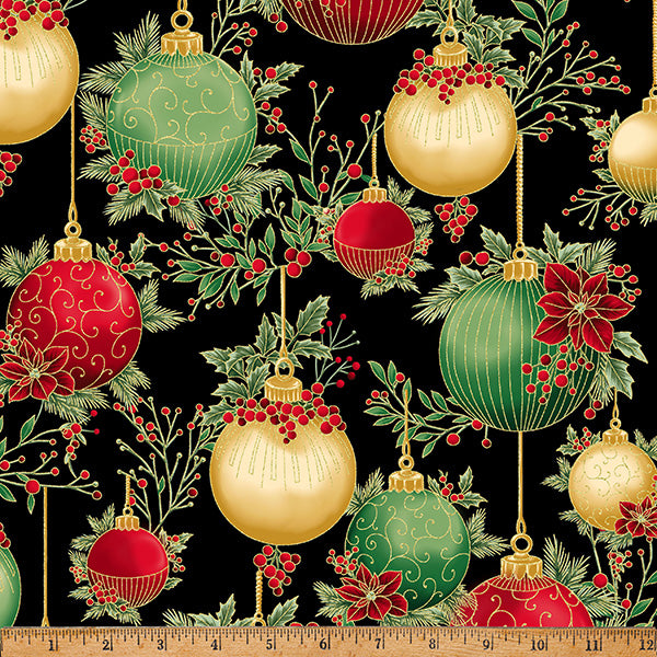 Fabric Hoffman Black/Gold Ornaments Christmas Wish Metallic by the Quarter Yard Y7822-4G