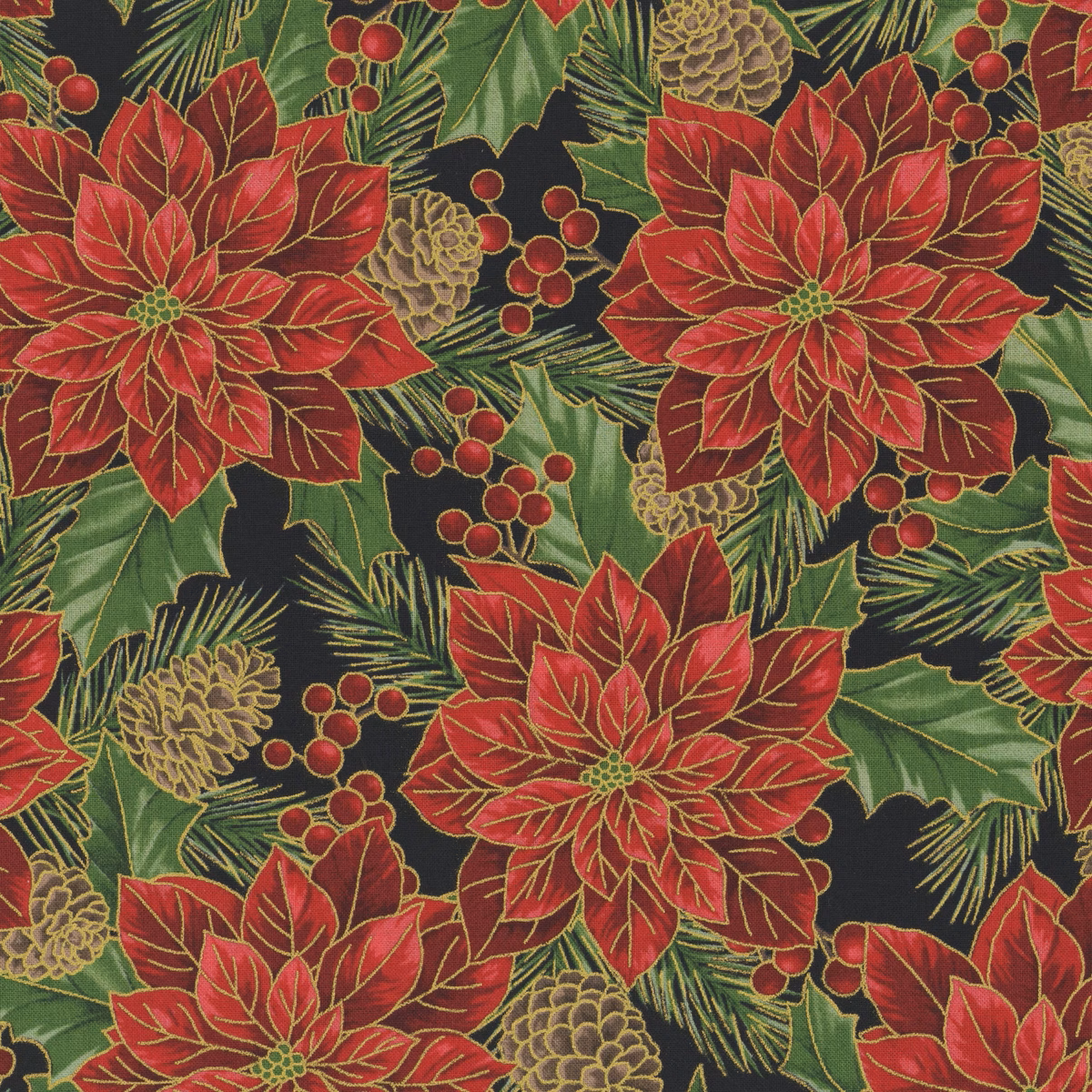 Fabric Hoffman Black/Gold Poinsettias Christmas Wish Metallic by the Quarter Yard Y7820-4G