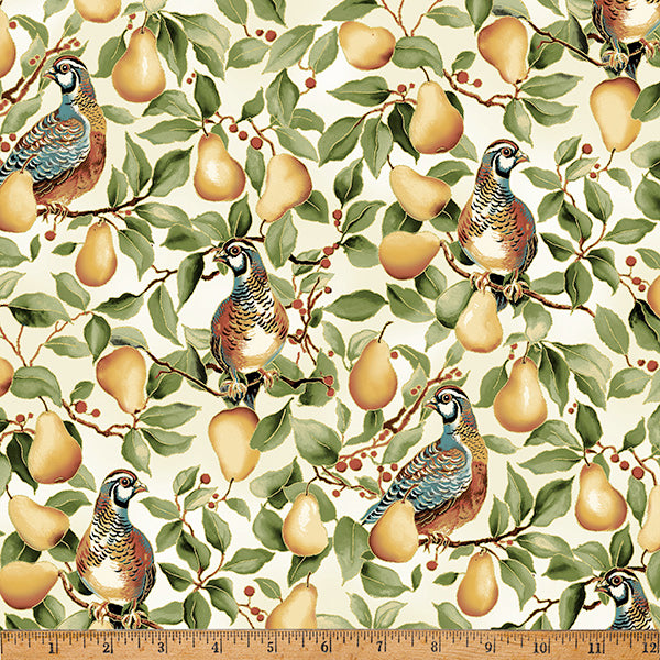 Pattern of birds and pears on a fabric background with a ruler at the bottom.