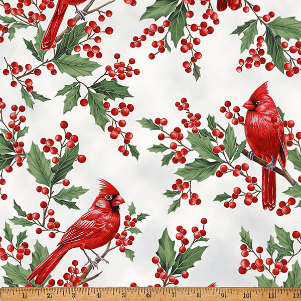 Fabric Hoffman December/Silver Cardinals Christmas Wish Metallic by the Quarter Yard Y7819-597S
