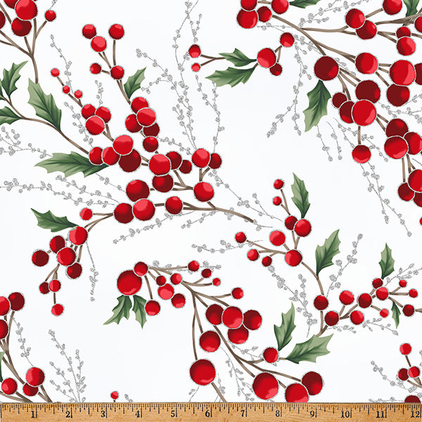 Fabric Hoffman December/Silver Holly Berry Sprigs Christmas Wish Metallic by the Quarter Yard Y7821-597S