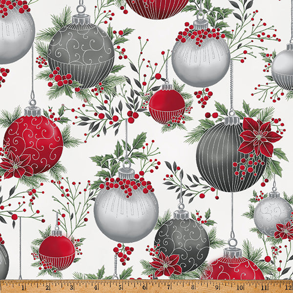 Fabric Hoffman December/Silver Ornaments Christmas Wish Metallic by the Quarter Yard Y7822-597S