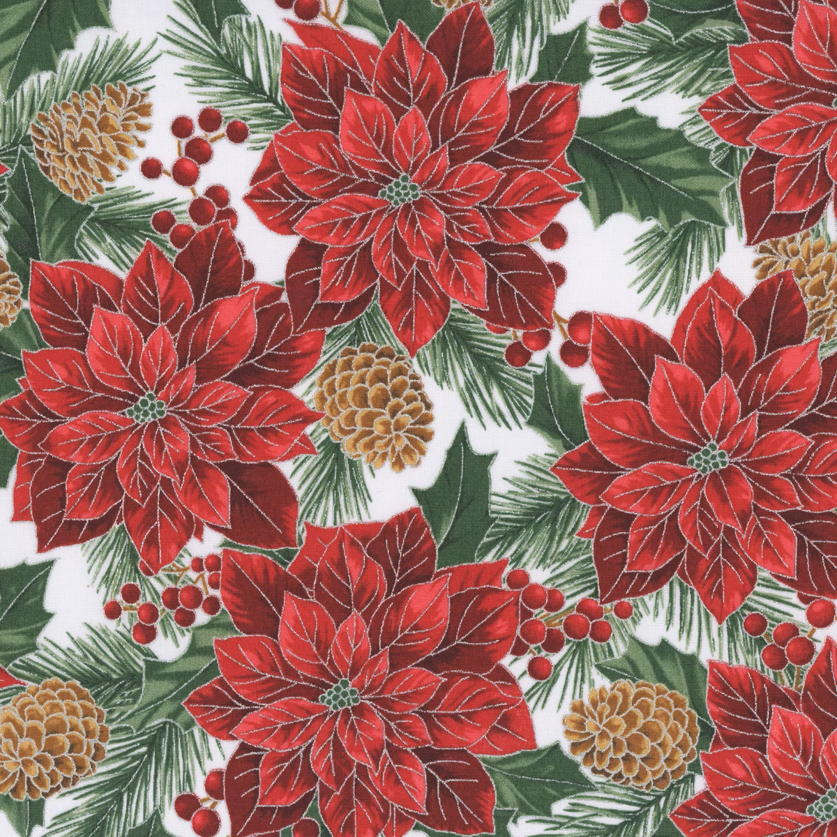 Fabric Hoffman December/Silver Poinsettias Christmas Wish Metallic by the Quarter Yard Y7820-597S