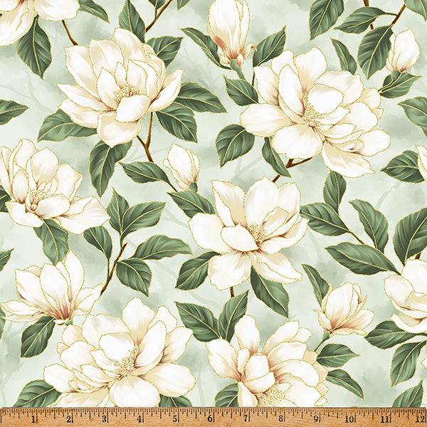 Fabric Hoffman Eucalyptus/Gold Floral Blooms Ornament Grove Metallic by the Quarter Yard Y7802-436G