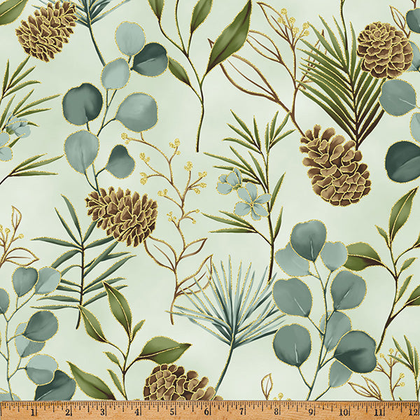 Fabric Hoffman Eucalyptus/Gold Foliage Ornament Grove Metallic by the Quarter Yard Y7805-436G